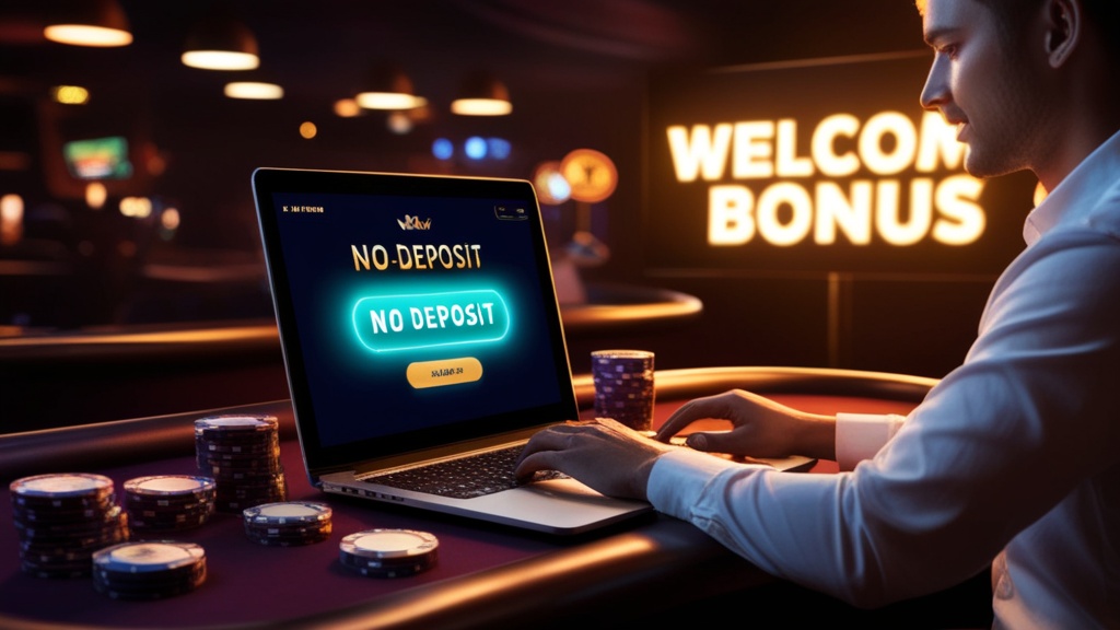 Speler bekijkt een no-deposit bonusaanbieding in een donker casino